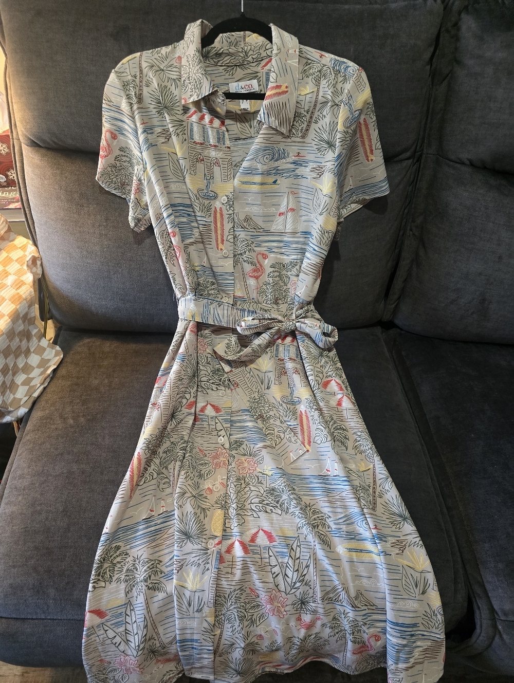 Denim & CO Beige Tropical Shirt Midi Dress with Pink & Blue Accents